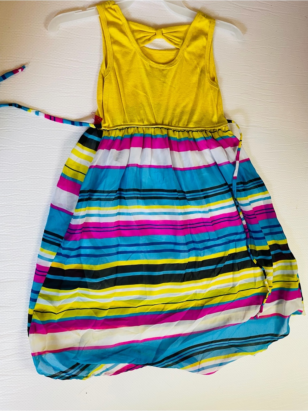 Girls' Yellow Sleeveless Dress with Multicolor Stripe Skirt